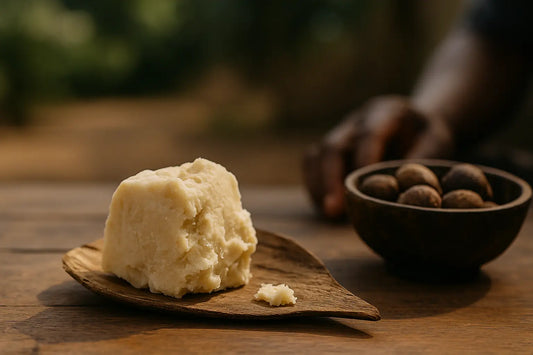 Raw shea butter in a wooden bowl with natural skincare elements and green leaves, symbolizing sustainability, earth connection, and eco-friendly skincare practices.