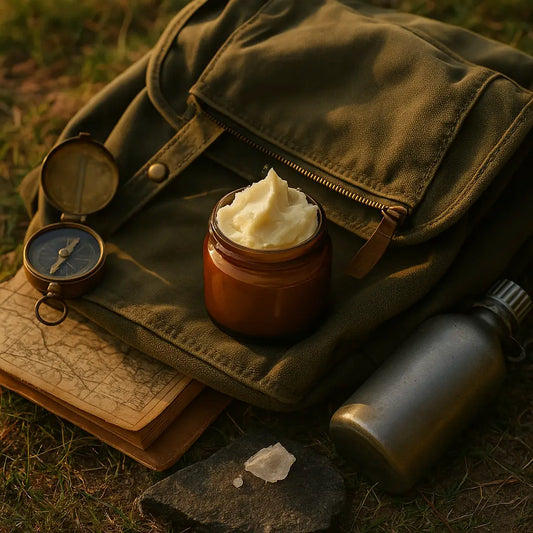Jar of shea butter with natural skincare elements on a rustic surface, symbolizing the power of small daily habits in creating long-term beauty and skin health.
