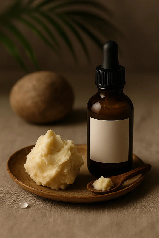 Glass jar of raw shea butter with natural shea nuts on a rustic wooden surface, symbolizing its role in self-care rituals that nourish skin and promote mindfulness.
