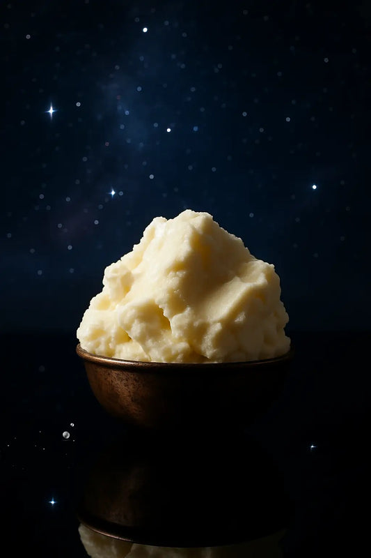 Glass jar of raw shea butter with natural shea nuts on a rustic wooden surface, symbolizing natural skincare solutions for men, including hydration and soothing after shaving.