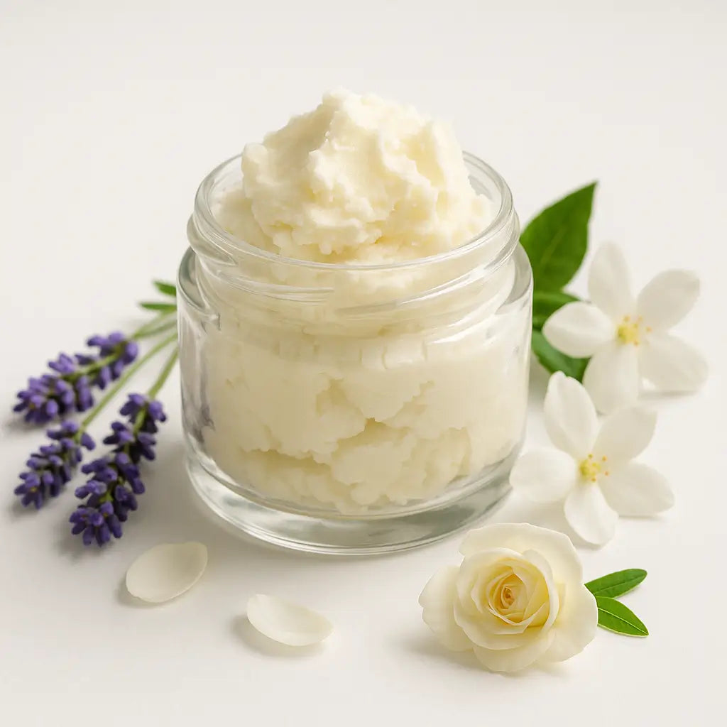 Jar of raw shea butter with natural shea nuts placed on a rustic wooden table, symbolizing deep hydration and healing for dry hands and cracked feet.