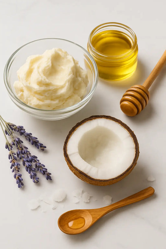 Jar of shea butter with natural elements on a rustic surface, symbolizing consistent skincare routines that build long-term glowing skin.