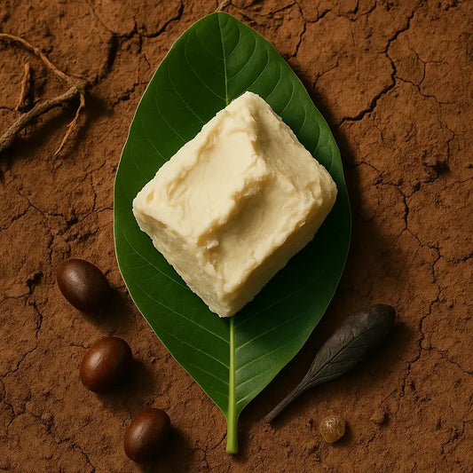 Shea butter and natural skincare elements on a rustic surface, symbolizing patience and consistency as the foundation for long-term glowing skin.