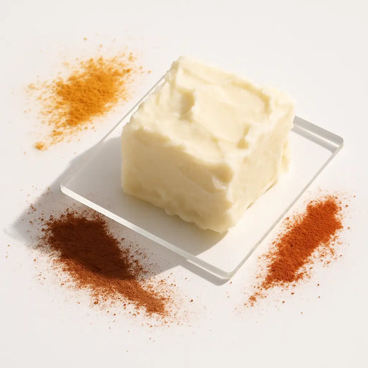 Jar of raw shea butter with natural shea nuts on a rustic wooden table, symbolizing its role as a base for DIY skincare recipes and natural beauty routines.