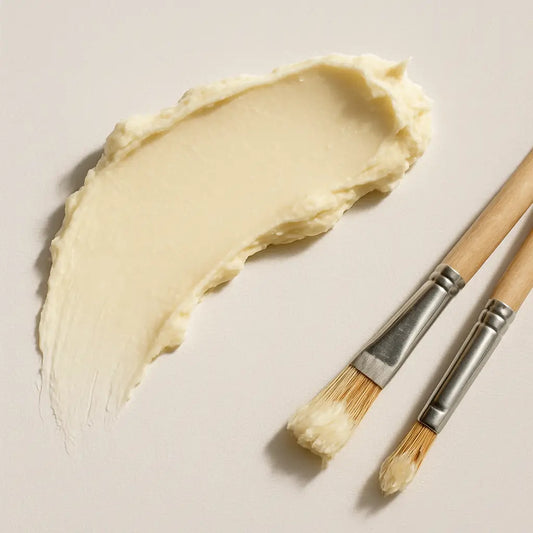 Shea butter in a wooden bowl with natural elements on a rustic surface, symbolizing the philosophy of slow skincare and the patience required for long-term beauty results.