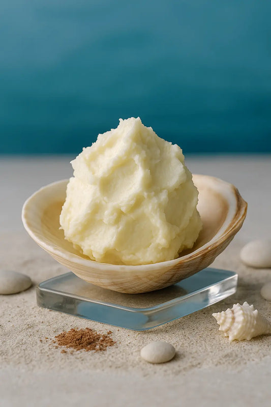 Glass jar of raw shea butter with natural shea nuts on a rustic wooden table, symbolizing the science behind its vitamins, fatty acids, and antioxidants for healthy skin