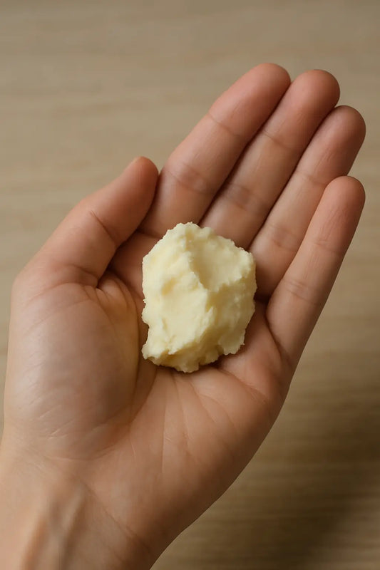 Jar of raw shea butter with natural shea nuts on a rustic wooden table, symbolizing year-round skincare benefits for winter, spring, summer, and autumn