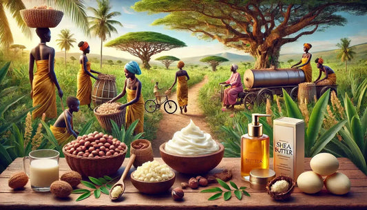 Shea butter production in Africa with natural skincare products displayed.