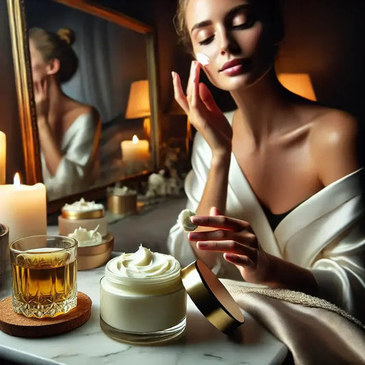 Woman applying shea butter night cream for deep overnight hydration.