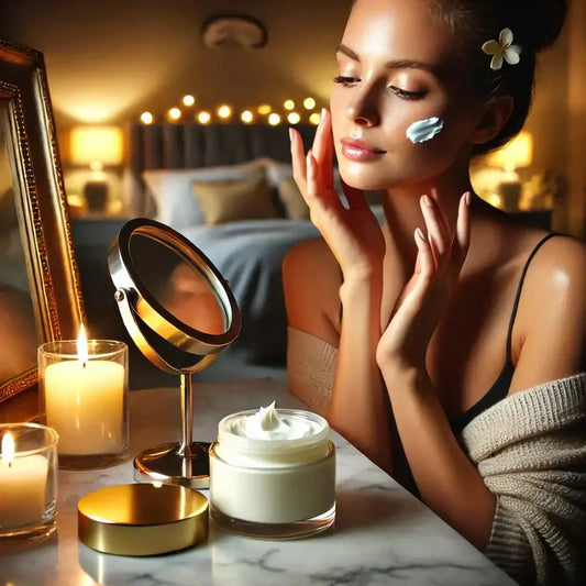 Woman applying shea butter cream during nighttime skincare routine.