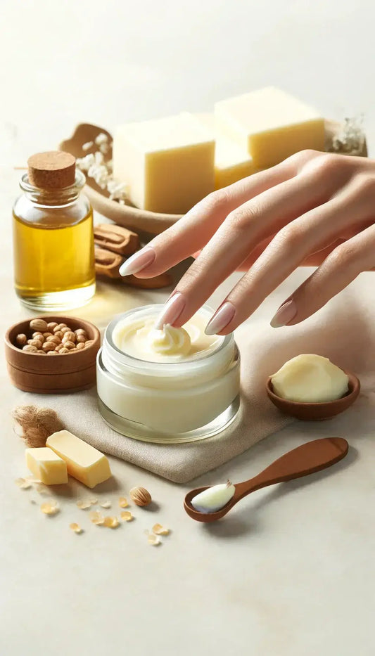Nourishing shea butter cuticle balm with natural oils and ingredients.