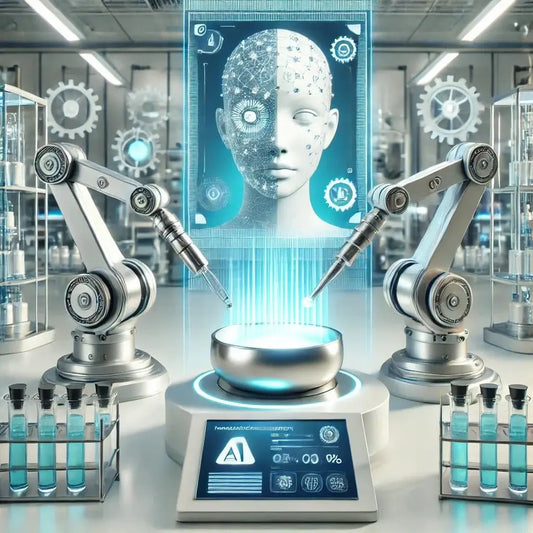 AI-powered robotic arms crafting natural beauty formulas in high-tech lab.