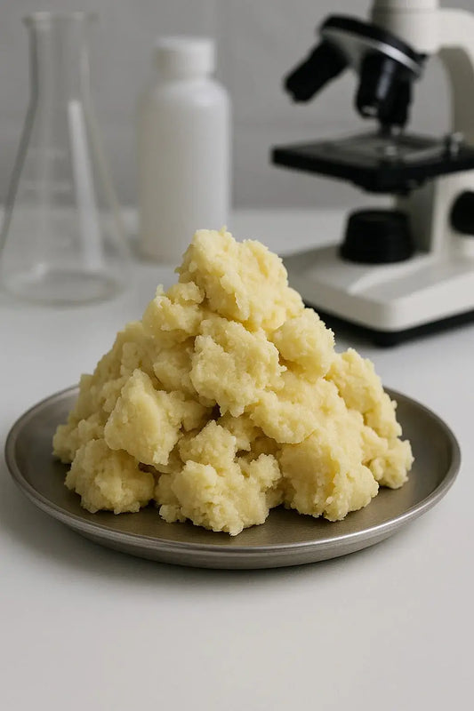 Raw shea butter on a plate in a lab setting for skincare benefits