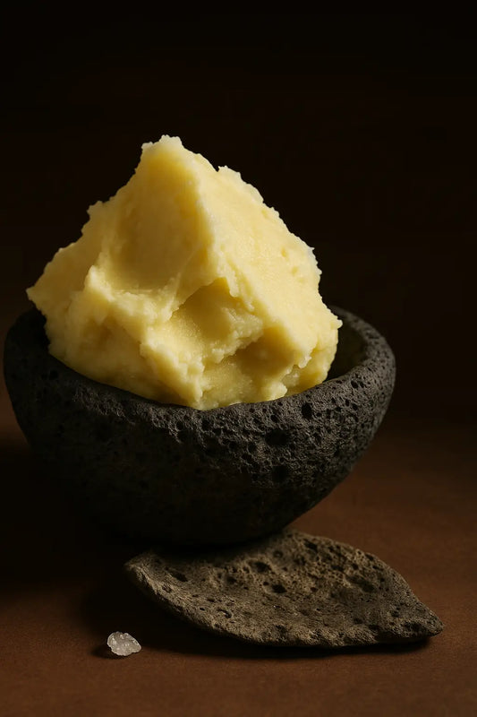 Close-up of natural shea butter in a wooden bowl, surrounded by traditional African tools and rustic textures, symbolizing heritage skincare and organic beauty rituals.