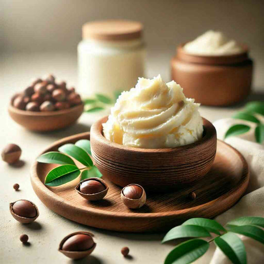 Whipped shea butter in wooden bowl with nuts and leaves for dry skin care.