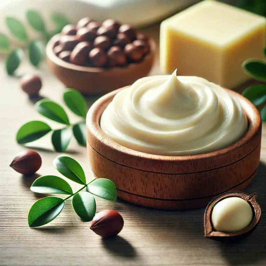 Shea butter with nuts and leaves in wooden bowls on a table.
