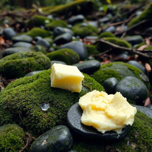 Raw shea butter on natural stones – remedy for dry hair and itchy scalp