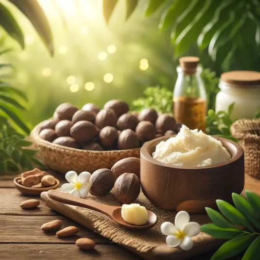 Natural shea butter and nuts in a tropical setting for eczema relief.