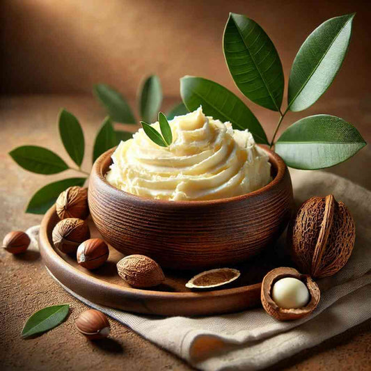 Whipped neem and shea butter in wooden bowl with nuts and green leaves.