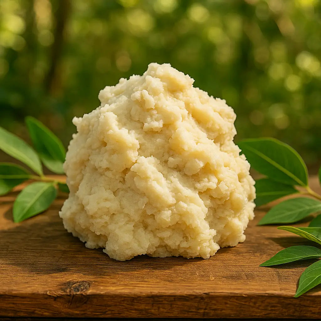 Raw ivory shea butter 13 oz on wooden surface with green leaves, showcasing natural texture for skin and hair care.