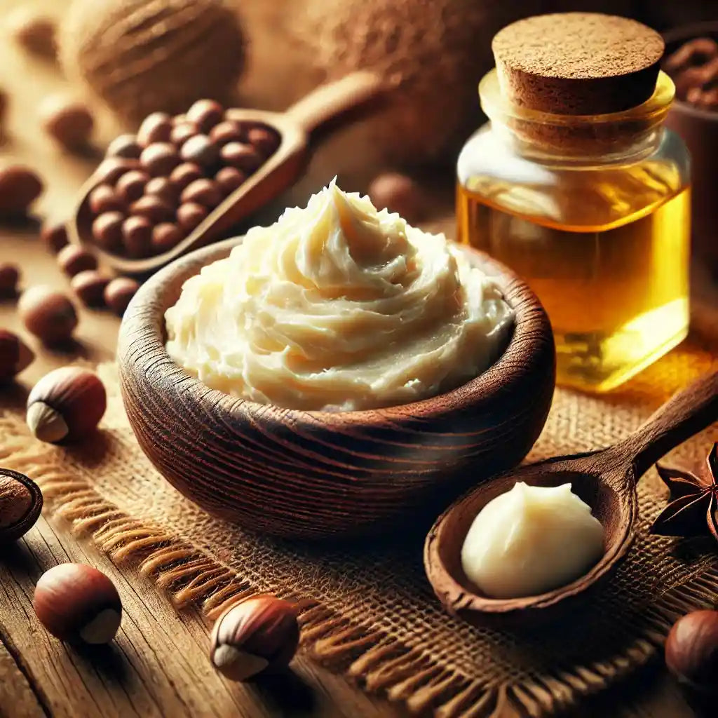 Whipped shea butter in a wooden bowl surrounded by shea nuts, a wooden spoon with shea butter, and a glass bottle of shea oil on a rustic wooden table.
