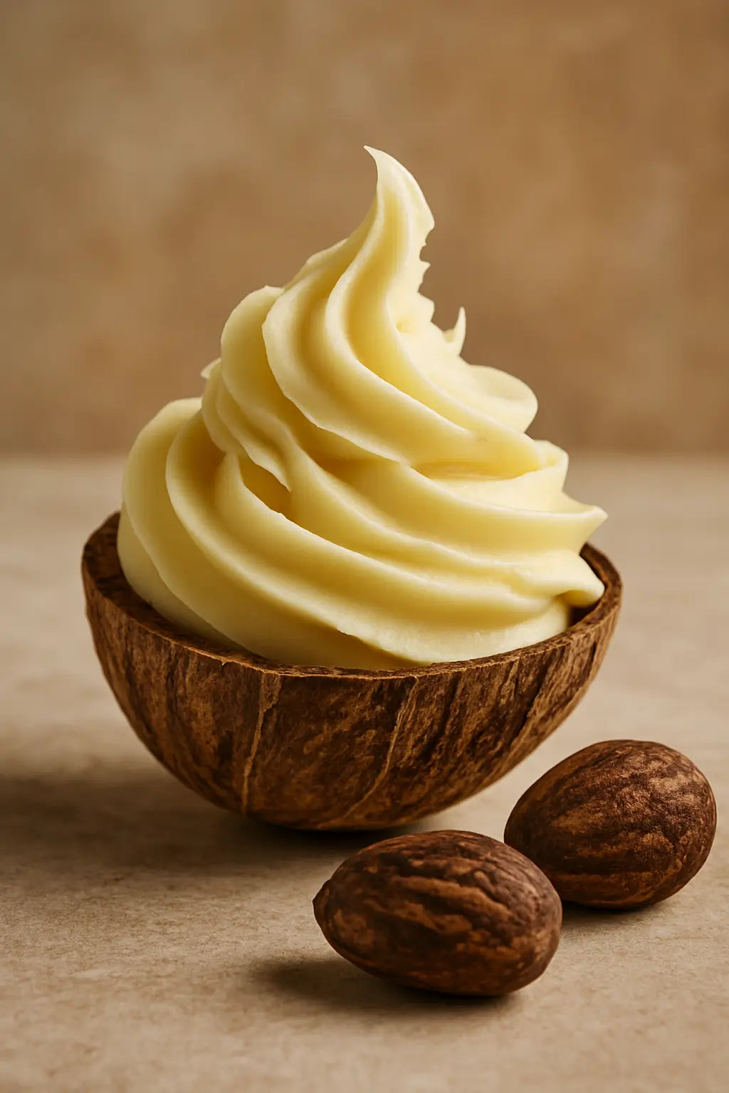Whipped shea butter in coconut shell with raw shea nuts nearby