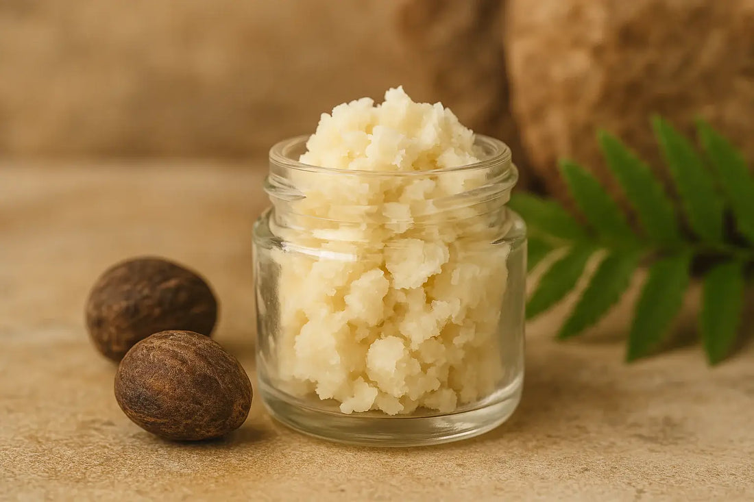 Whipped shea butter in a glass jar with raw shea nuts nearby.