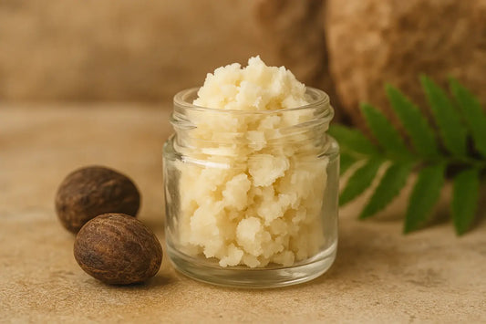 Whipped shea butter in a glass jar with raw shea nuts nearby.