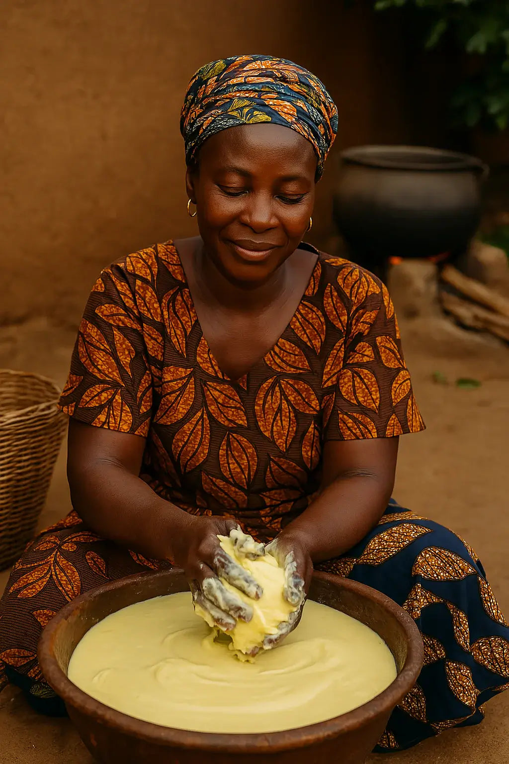 African woman handcrafting traditional shea butter in a village setting.