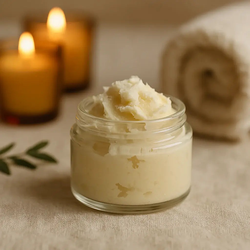 Luxurious shea butter in a glass jar enhances self-care rituals.