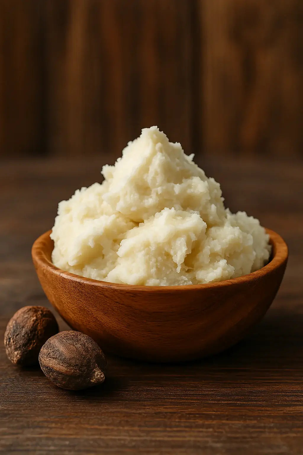 Raw shea butter in wooden bowl with shea nuts on rustic table
