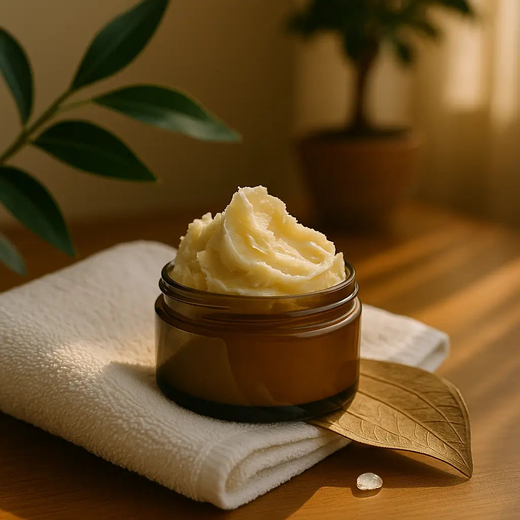 Close-up of raw shea butter in a wooden bowl with a wooden spoon, placed on a rustic table alongside scattered shea nuts, captured in natural daylight to highlight its creamy texture and purity, symbolizing the slow beauty skincare ritual.
