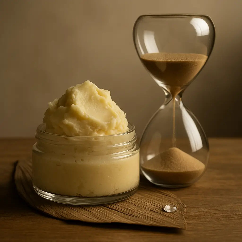 Close-up of creamy raw shea butter in a glass jar beside scattered shea nuts, placed on a rustic wooden table in natural daylight, symbolizing long-term skin care and the promise of protecting your future self.