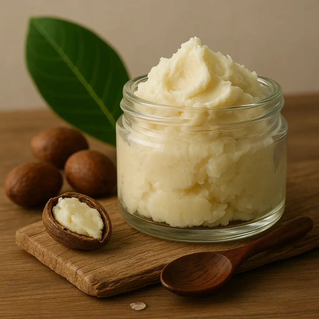 Close-up of raw shea butter in a rustic bowl, surrounded by natural elements, highlighting its creamy texture and nutrient-rich properties for skincare and hair health.