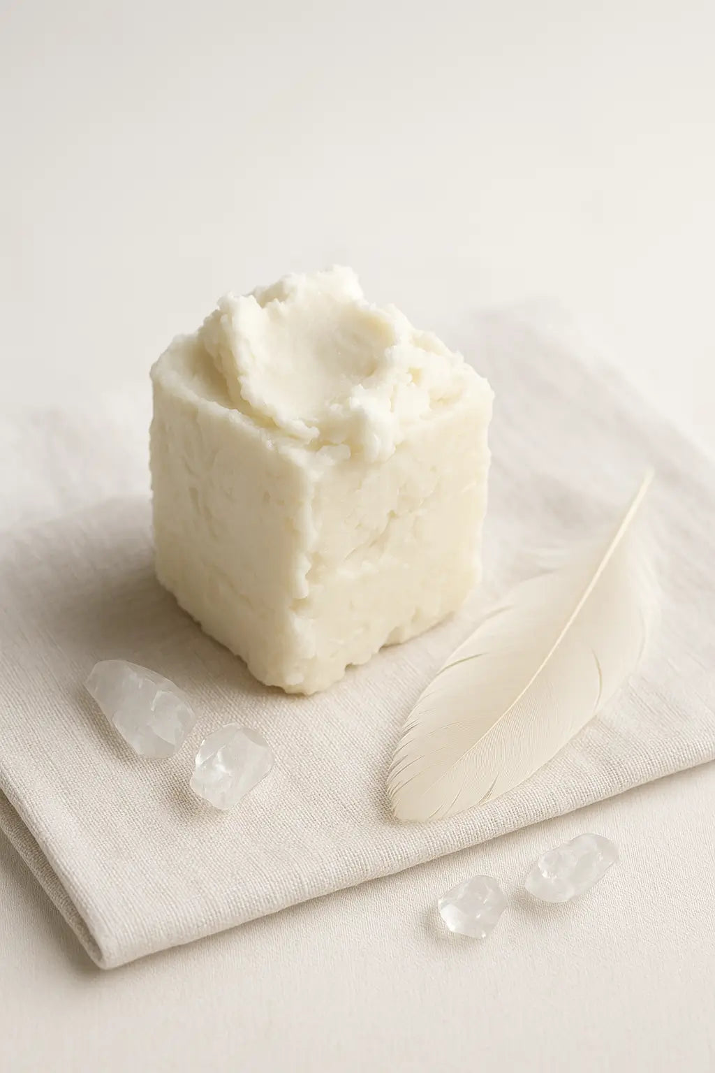 Glass jar filled with creamy shea butter placed on a wooden table with raw shea nuts, symbolizing natural skincare and self-care rituals.