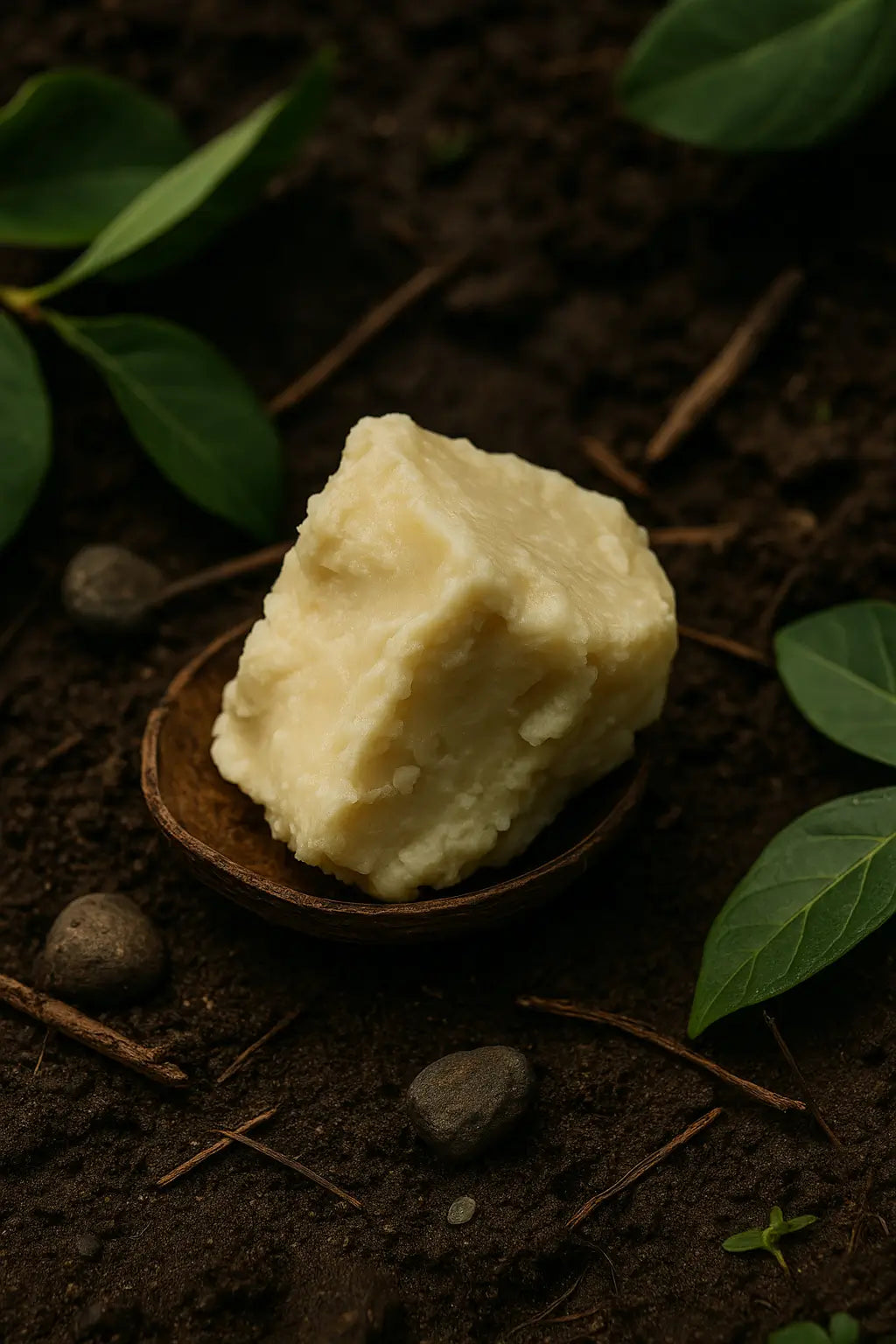 Raw shea butter on a wooden spoon surrounded by green leaves.
