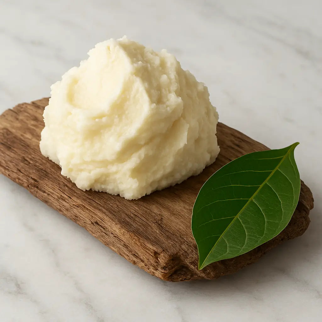 Wooden bowl of whipped shea butter with amber oil bottles and shea nuts on a rustic surface, symbolizing consistency and the memory of natural skincare.