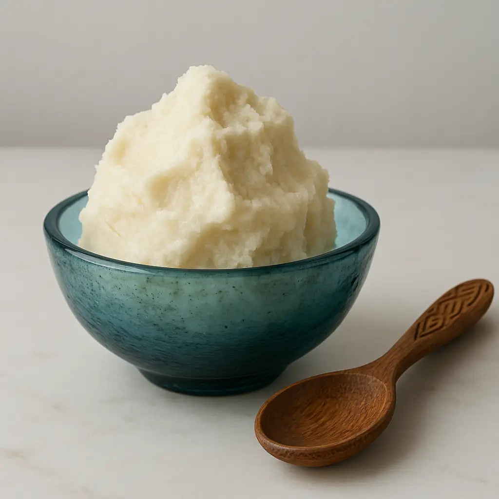 Raw high-quality shea butter chunks in a wooden bowl with shea nuts.