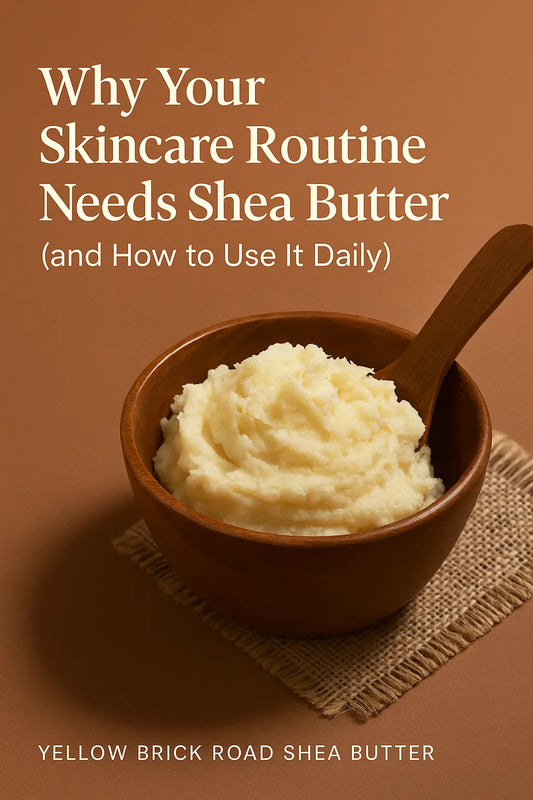 Wooden bowl filled with creamy raw shea butter and a wooden spoon on a textured cloth, illustrating natural skincare routine benefits with shea butter.