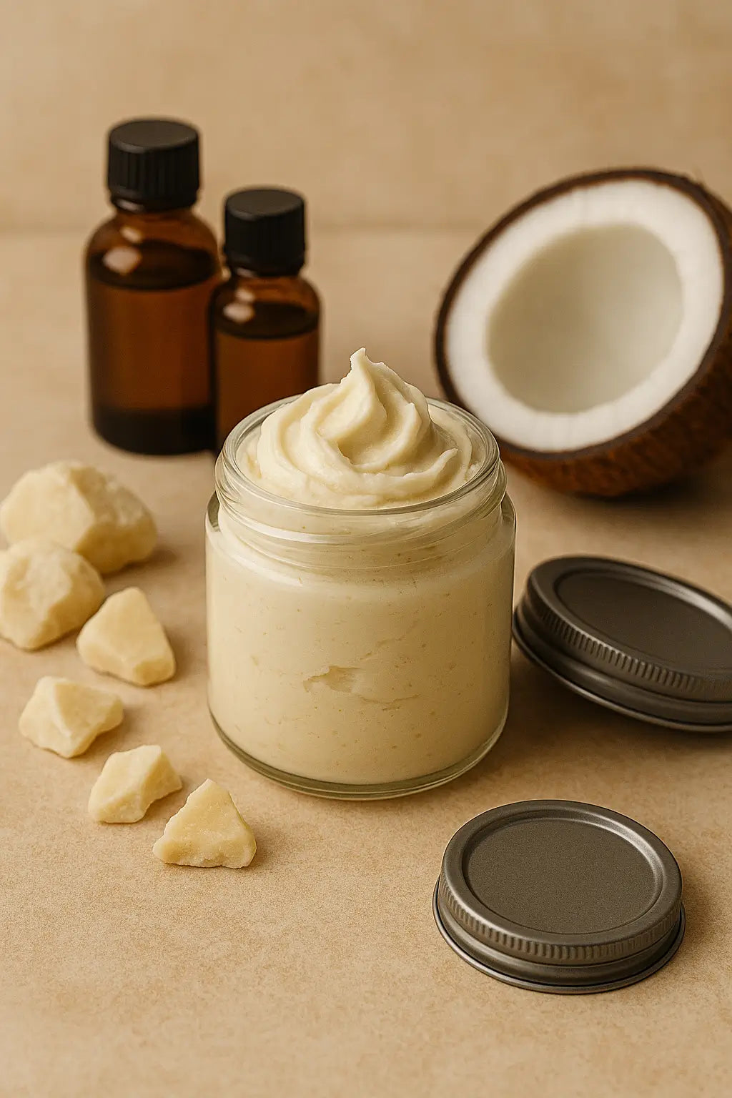 Whipped body butter DIY recipe setup with shea butter, cocoa butter, and essential oils on a wooden surface
