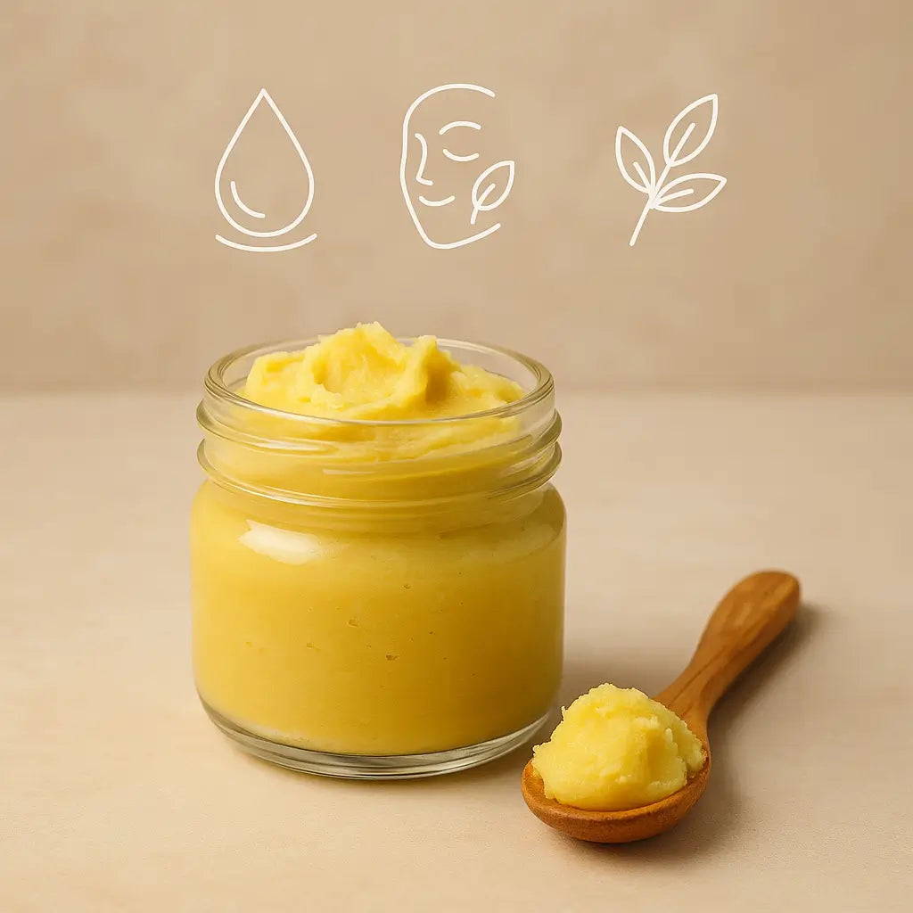 Glass jar filled with raw unrefined shea butter surrounded by natural skincare ingredients, symbolizing its soothing properties for sensitive skin and rosacea.