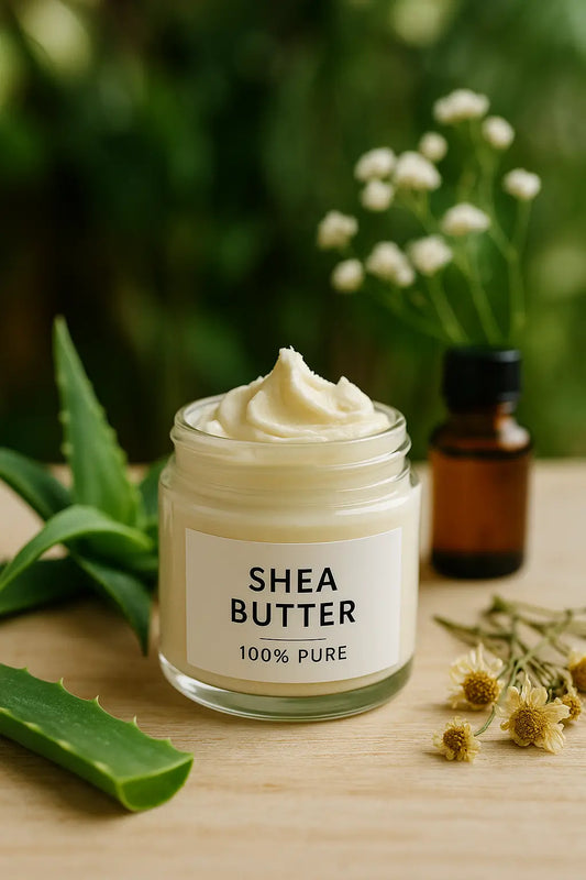 Jar of creamy shea butter labeled "100% Pure" on a wooden surface, with aloe vera, dried chamomile, and a small amber bottle in the background.
