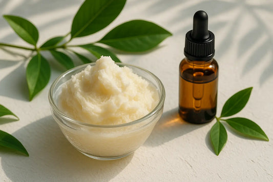 Glass bowl of creamy whipped shea butter next to an amber dropper bottle and fresh green leaves on a white textured surface, under soft natural light.