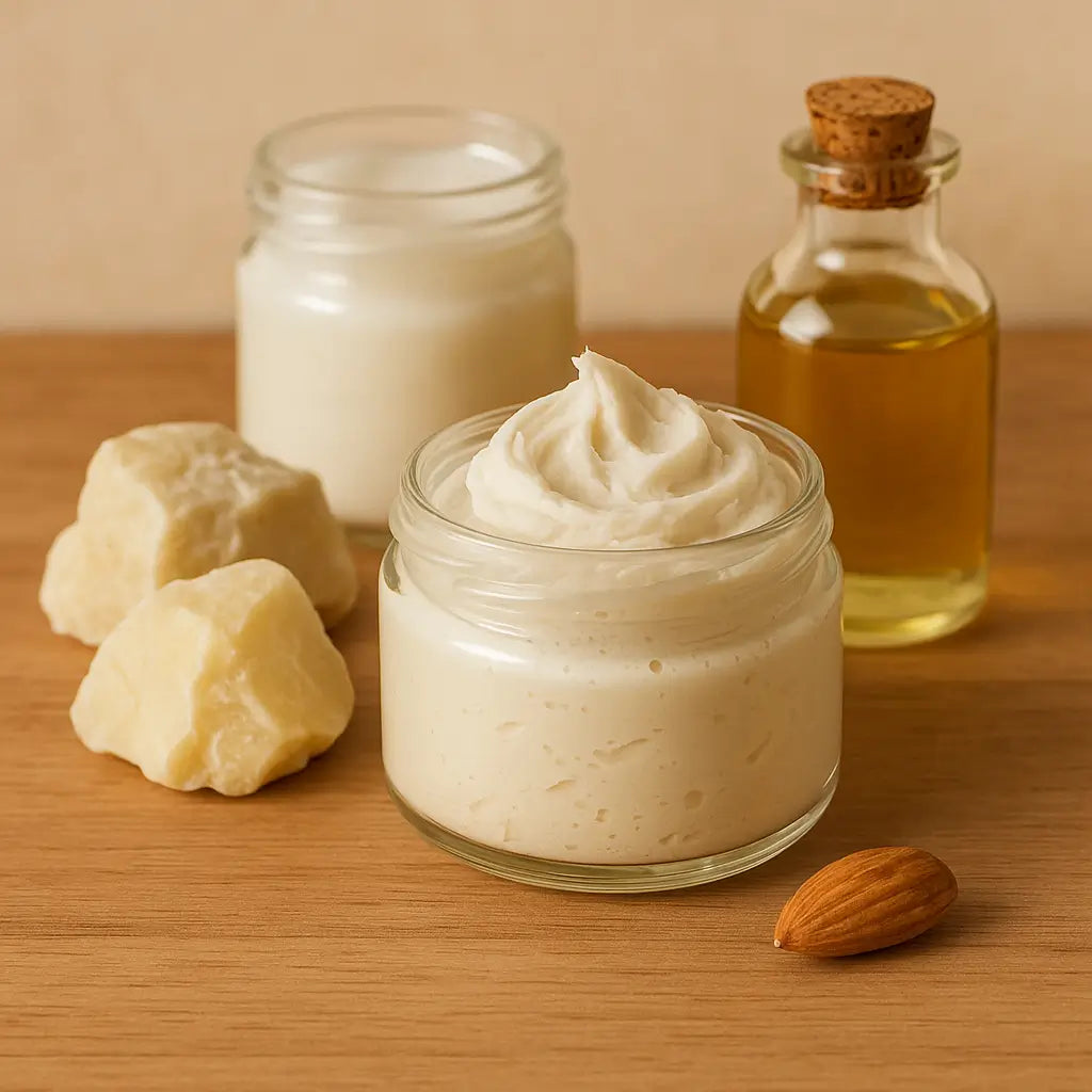 Jars of homemade whipped shea butter with raw chunks of shea on a wooden table