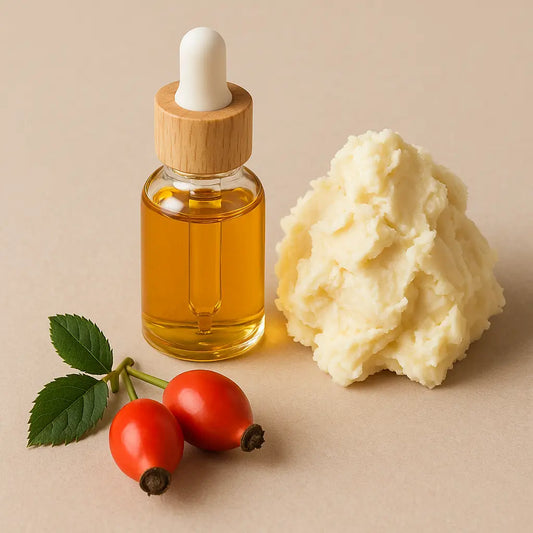 Natural skincare ingredients: rosehip seed oil in a glass bottle, shea butter, and fresh rosehips on a beige background.