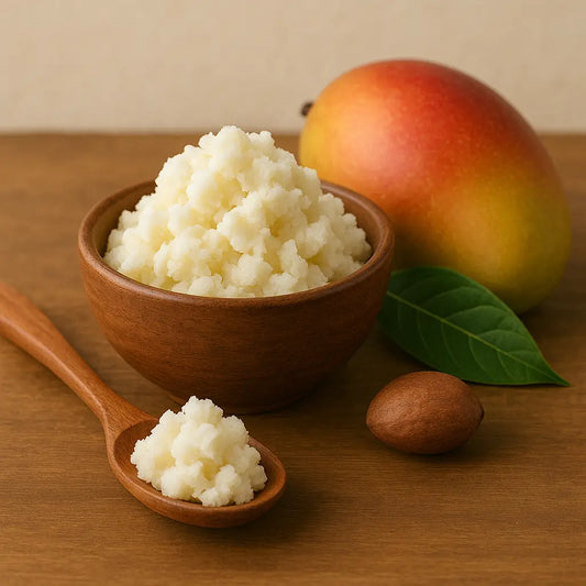 Bowl of shea butter with natural shea nuts on a light background