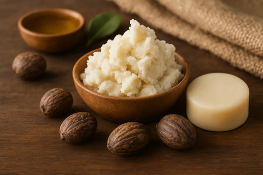 Unrefined shea butter in a wooden bowl with shea nuts and oil nearby.