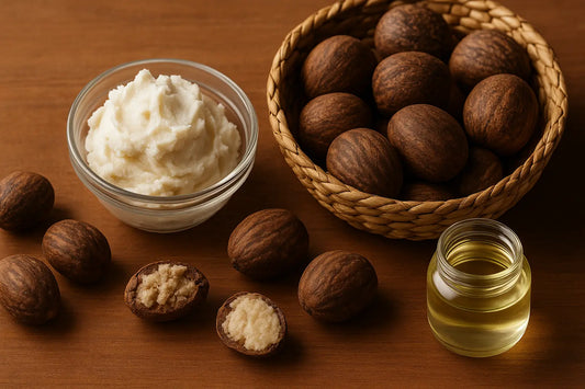 High-quality shea butter in a glass bowl with shea nuts and oil on a wooden table.