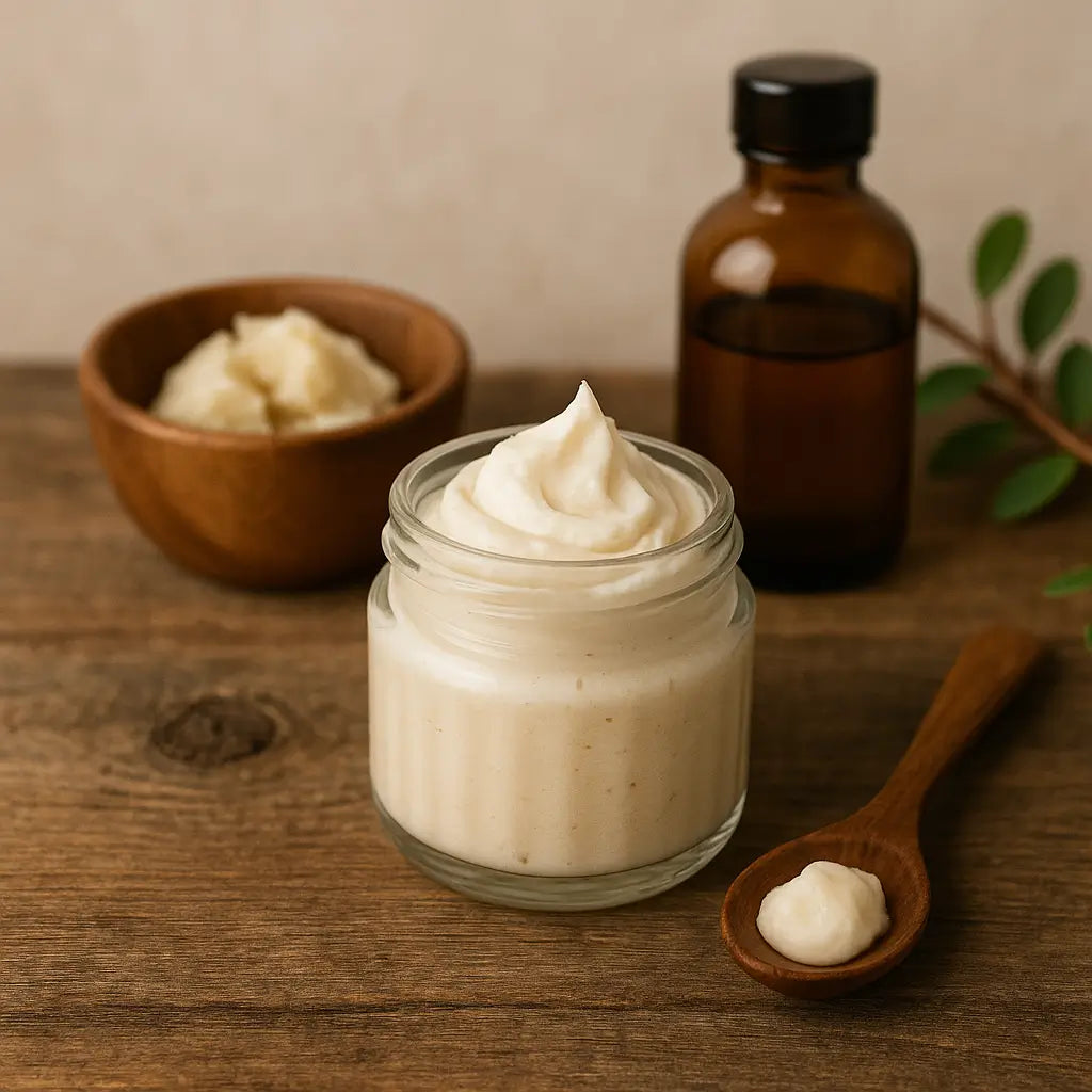 Glass jar of whipped shea butter face cream on a rustic wooden surface, with a wooden spoon, amber bottle, raw shea chunks, and green plant accents.
