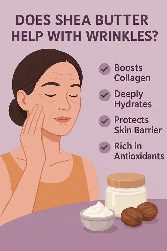 Woman applying shea butter to her face with icons showing anti-wrinkle benefits on a soft purple background.